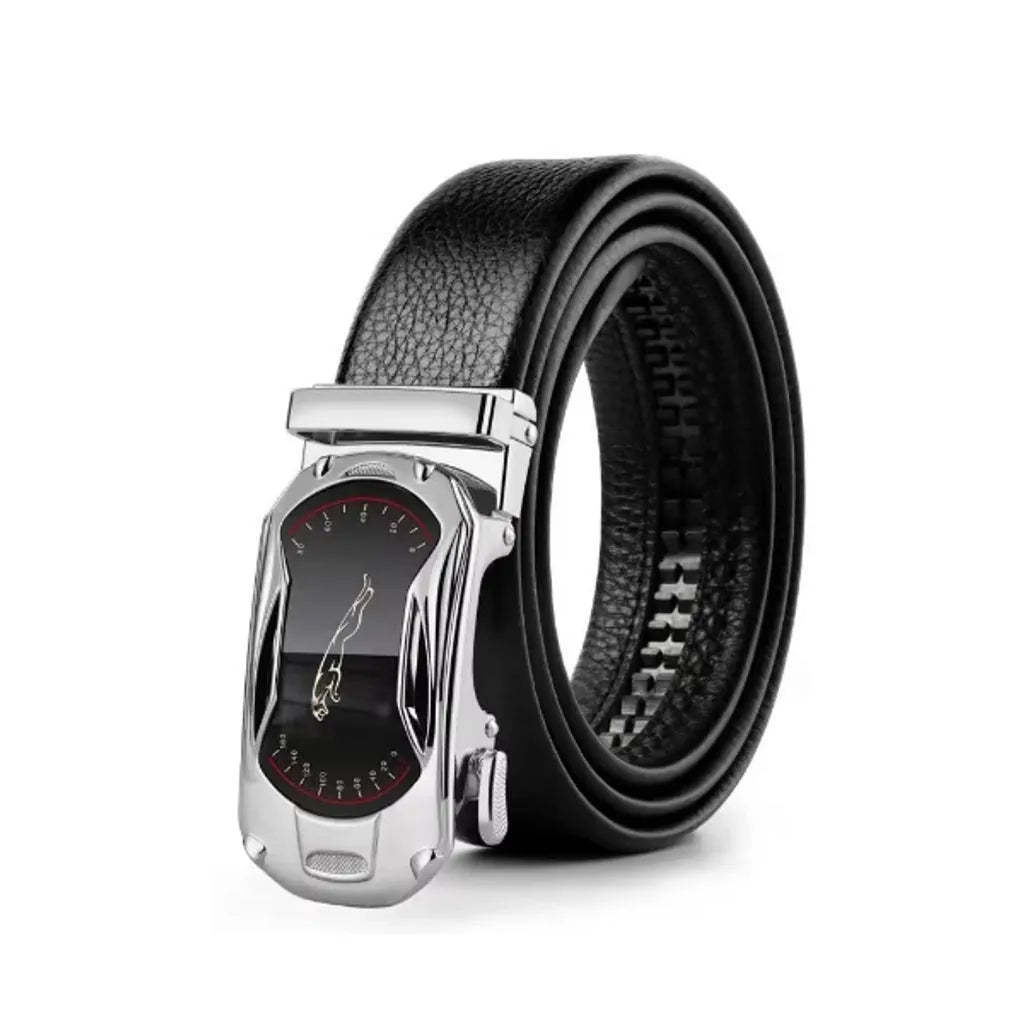 Ceinture homme avec boucle jaguar à verrouillage automatique en métal de couleur argent, sa sangle noire est en cuir PU de haute qualité - Homme.