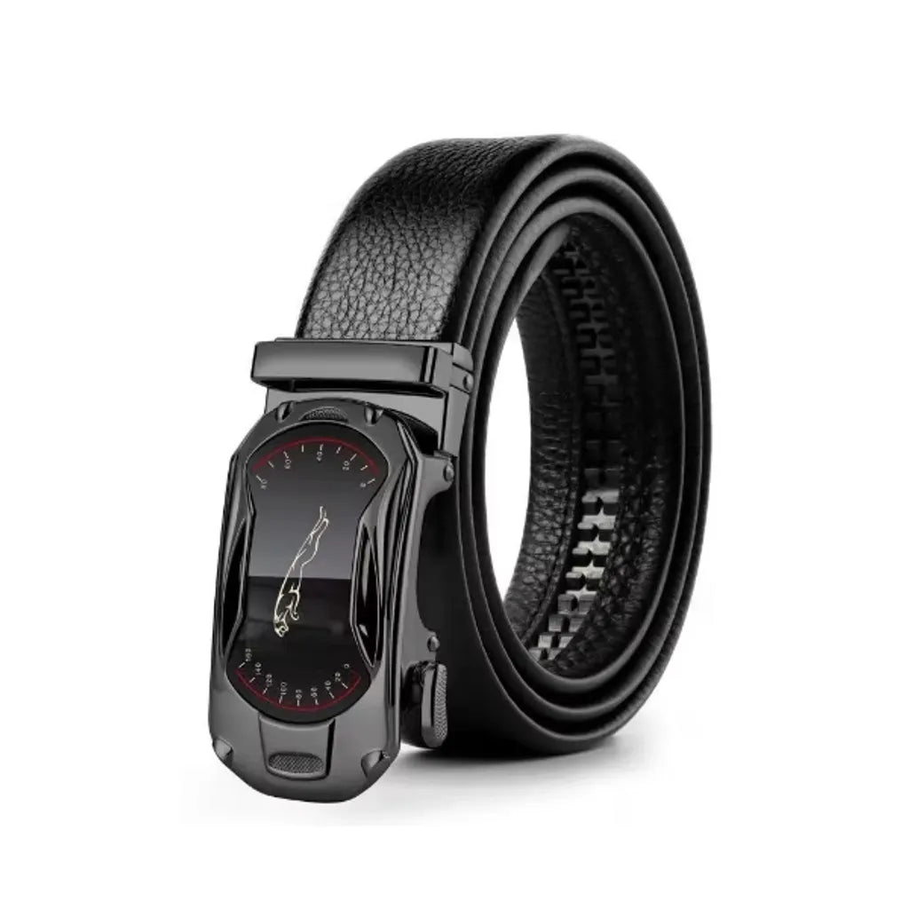 Ceinture homme avec boucle jaguar à verrouillage automatique de couleur noir, sa sangle de qualité est en cuir PU, résistant et durable - Homme.