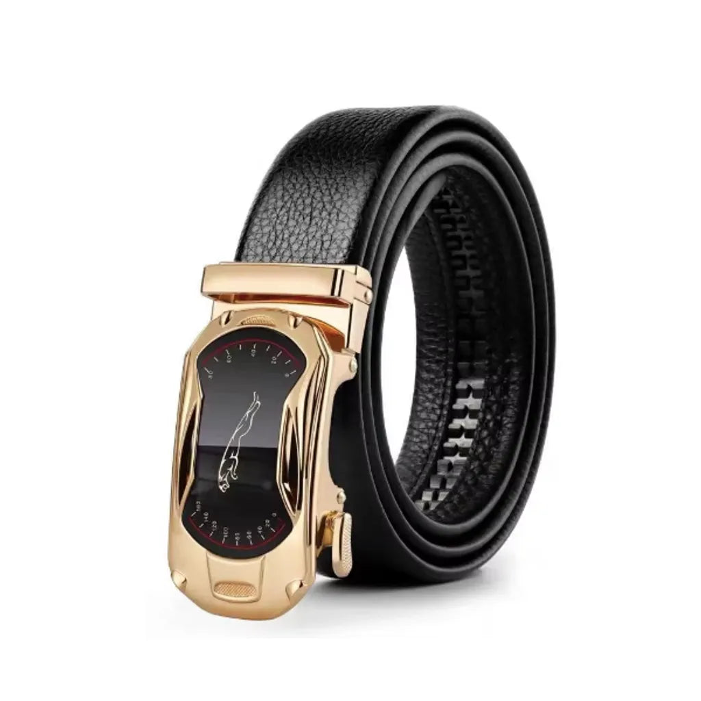 Ceinture homme avec boucle jaguar à verrouillage automatique en métal de couleur or, sa sangle est en cuir PU noir de haute qualité - Homme.