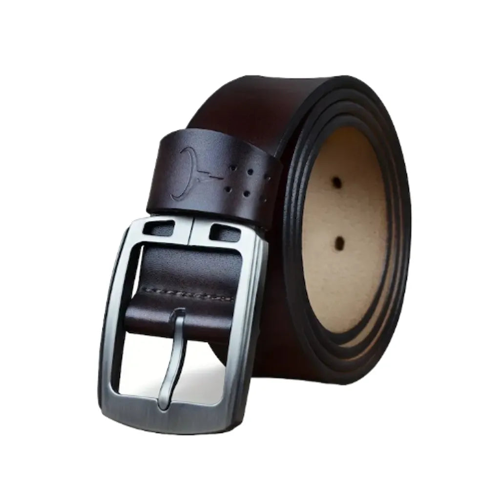 Ceinture pour homme en cuir de vache avec large passant avec marquage au fer de l'emblème de la marque Cowather. Boucle ardillon en métal argenté – coloris café.