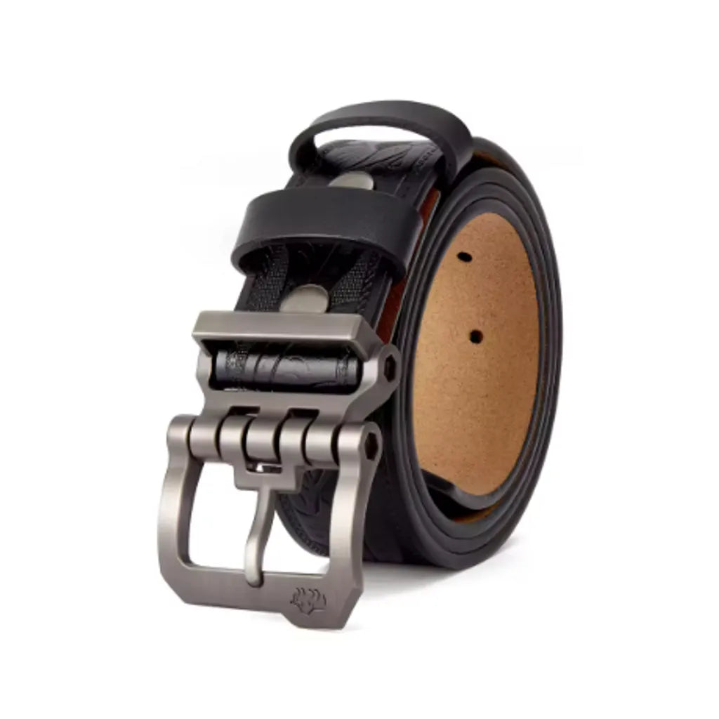 Ceinture cuir noir véritable pour homme avec motifs gravés, boucle acier design, accessoire élégant alliant confort et solidité pour tous les jours.