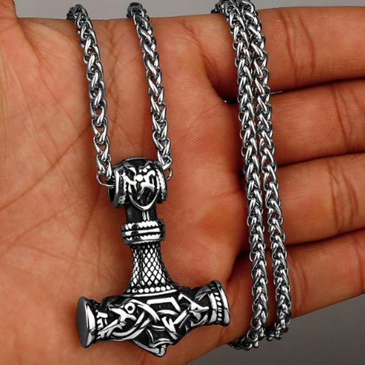 Collier celtique Viking avec chaine nordique - pendentif amulette représentant le marteau de Thor - acier inoxydable coloris argent