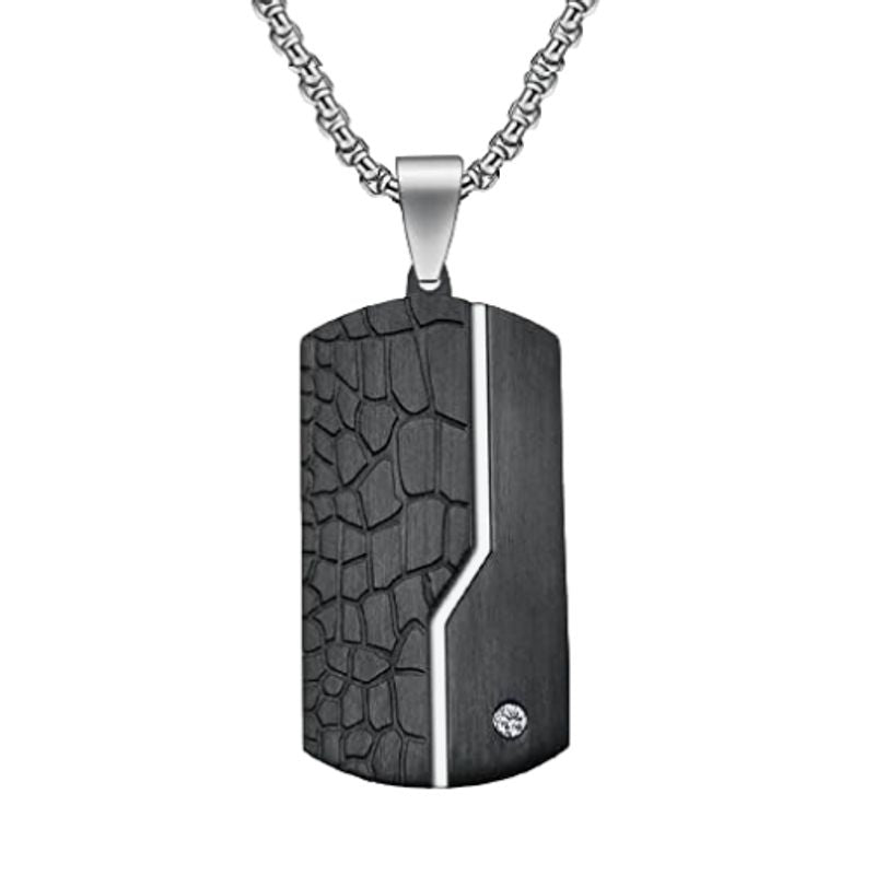 Collier pendentif à plaque rectangulaire aux coins arrondies en acier inoxydable - zircone blanc sur le côté inférieur droit - coloris noir et argent