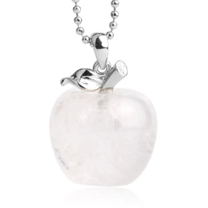 Collier avec chaine à bille en métal argenté - pendentif en forme de pomme en pierre naturelle Cristal de coloris blanc