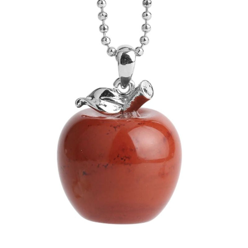 Collier avec chaine à bille en métal argenté - pendentif en forme de pomme en pierre naturelle Jaspe de coloris rouge