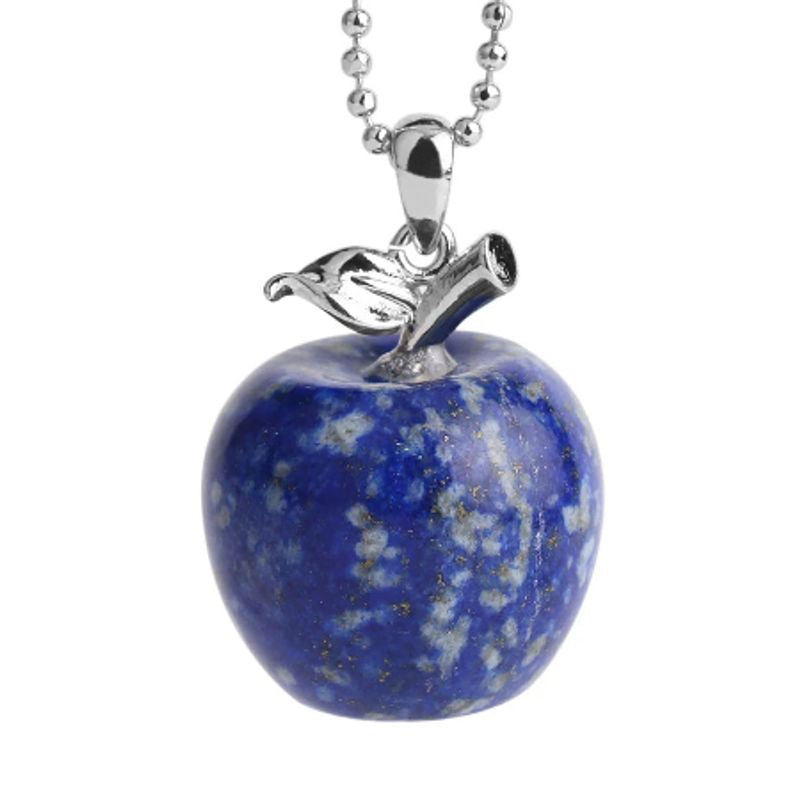 Collier avec chaine à bille en métal argenté - pendentif en forme de pomme en pierre naturelle Lapis-lazuli de coloris bleu
