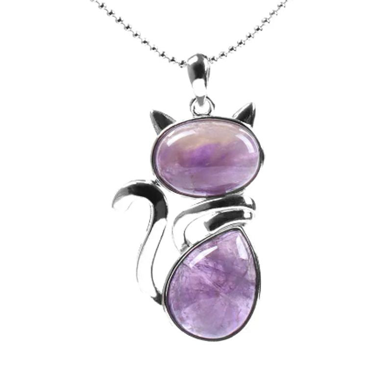 Collier chaine à bille avec pendentif Chat Rock en métal plaqué platine et pierre naturelle améthyste - coloris violet