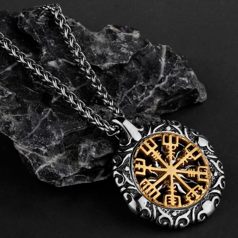 Collier chaine celtique Viking - pendentif amulette nordique Vegvisir et soleil en acier inoxydable - couleur or et ragent