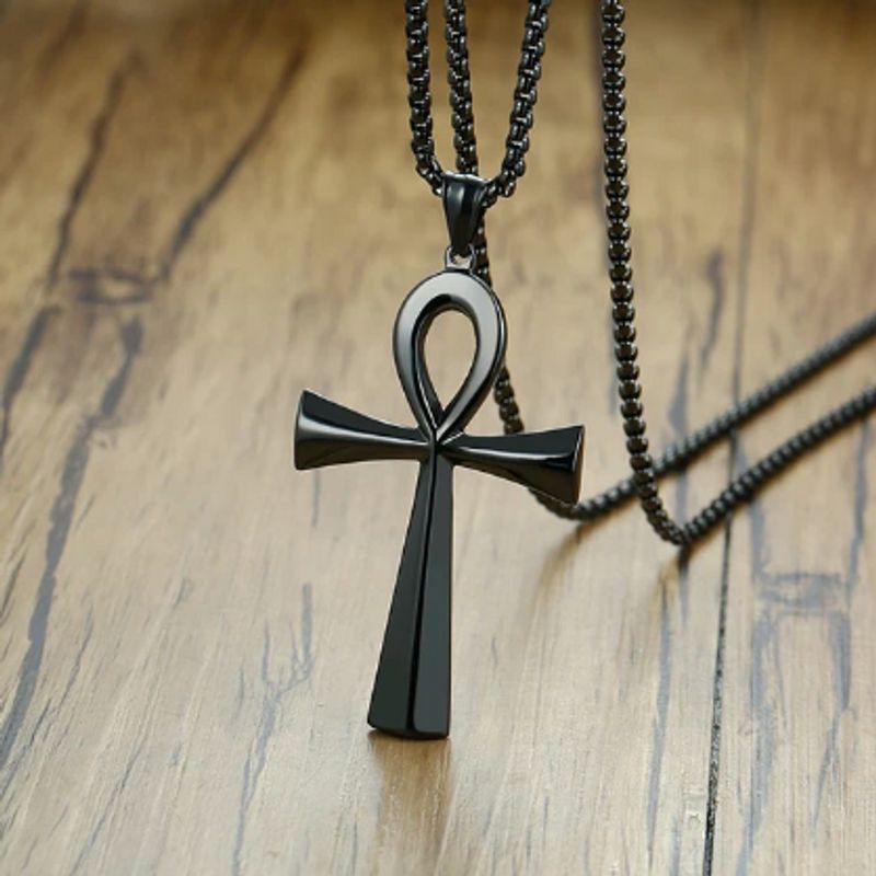 Collier chaine vénitienne avec pendentif clé égyptienne ankh en acier inoxydable noir pour homme 