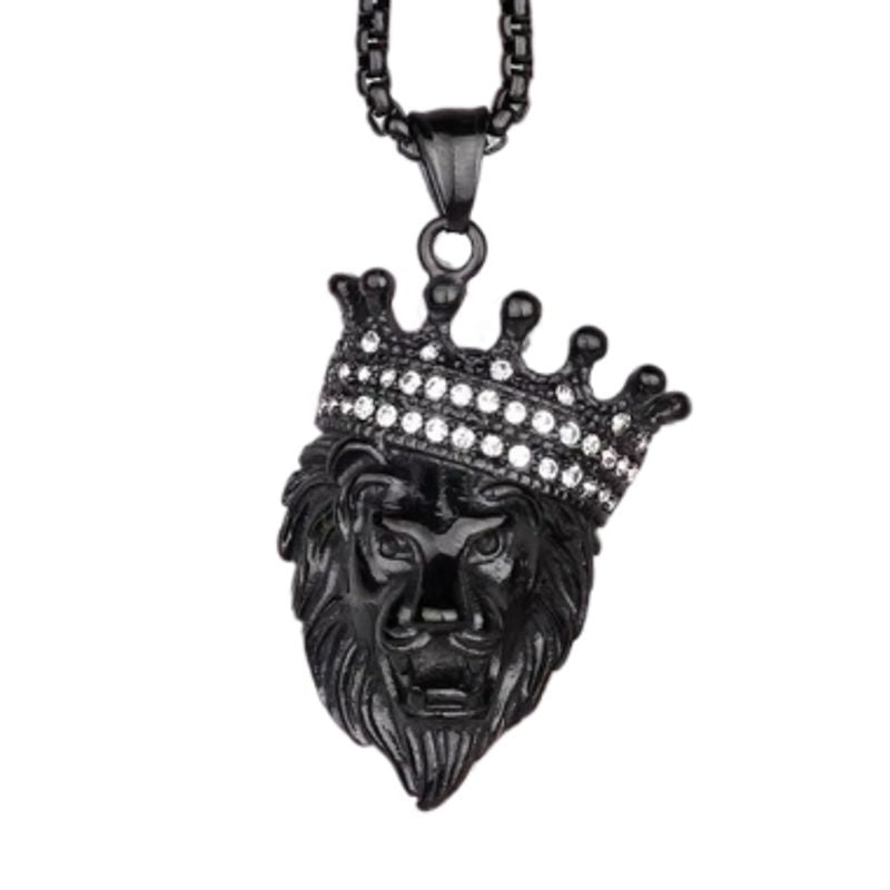 Collier couronne avec chaine et pendentif roi lion en acier inoxydable pavé de zircone blanc - coloris noir