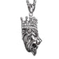 Collier couronne vu de profil avec chaine et pendentif roi lion en acier inoxydable pavé de zircone blanc - coloris argent