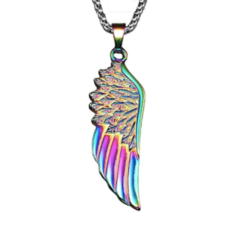 Collier chaine avec pendentif aile d'ange en acier inoxydable - coloris arc-en-ciel
