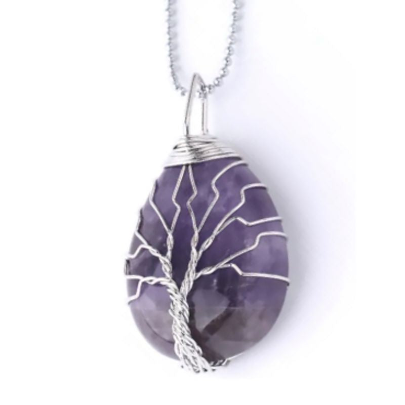 Collier pendentif avec arbre de vie en métal plaqué platine sur pierre naturelle améthyste de forme goutte d'eau - coloris violet - chaine à billes