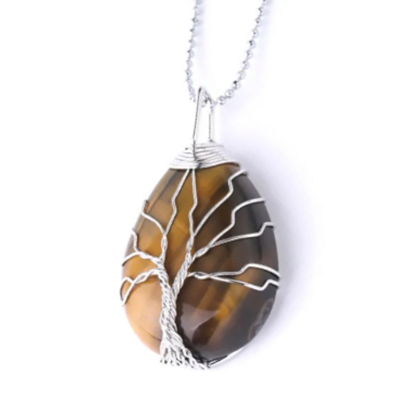Collier pendentif avec arbre de vie en métal plaqué platine sur pierre naturelle œil de tigre de forme goutte d'eau - coloris jaune - chaine à billes