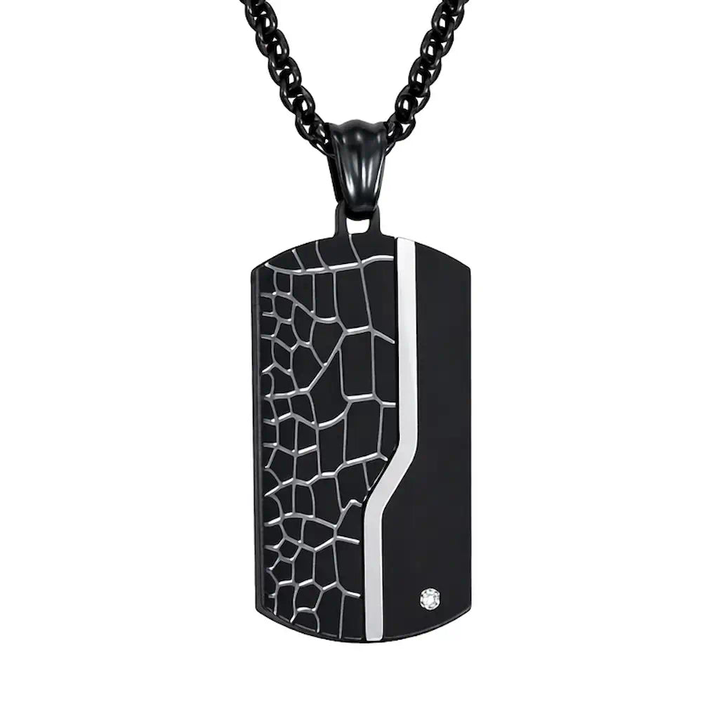 Collier pendentif à plaque rectangulaire aux largeurs arrondies en acier inoxydable - zircone blanc sur le côté inférieur droit - coloris noir .