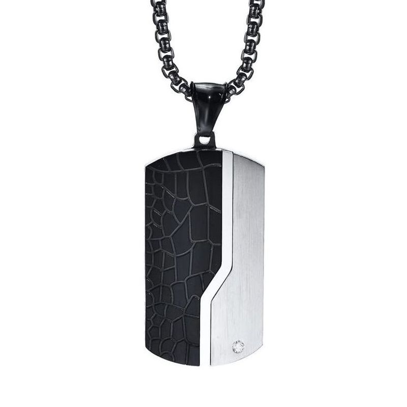 Collier pendentif avec plaque en acier inoxydable, fibre de carbone et Zircone cubique blanc - chaine plaqué platine noir - homme