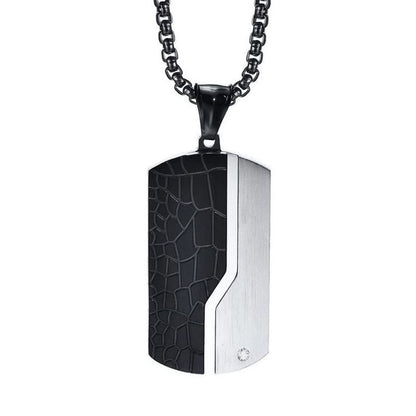 Collier pendentif avec plaque en acier inoxydable, fibre de carbone et Zircone cubique blanc - chaine plaqué platine noir - homme