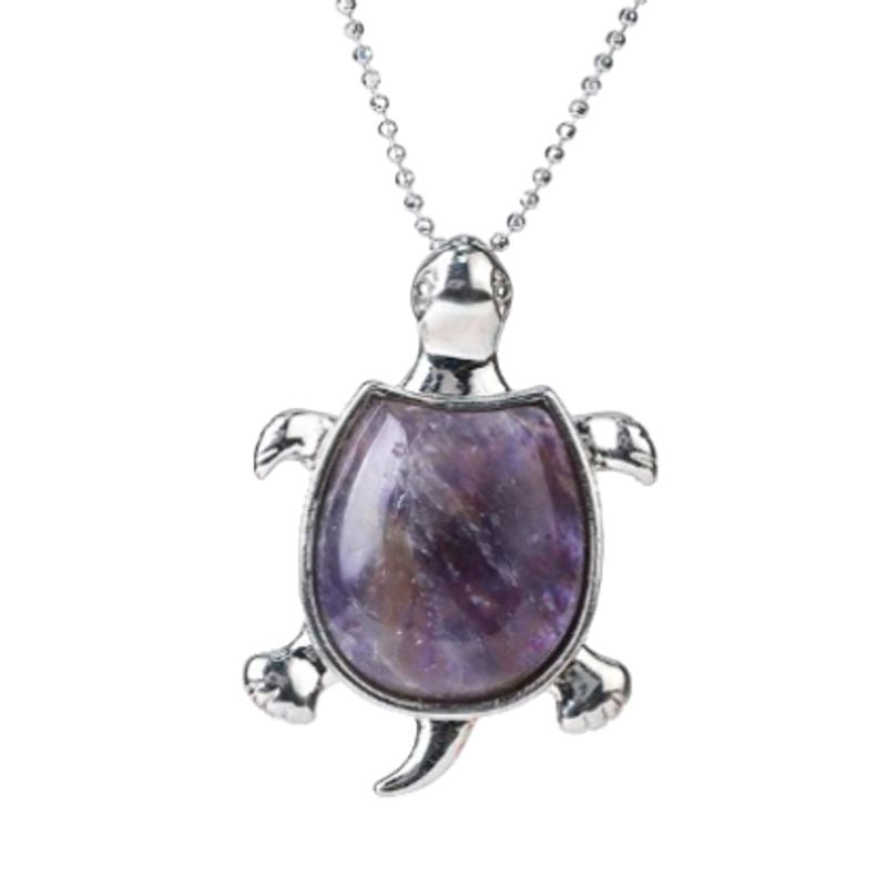 Collier avec pendentif tortue en métal plaqué platine et pierre naturelle améthyste - coloris violet