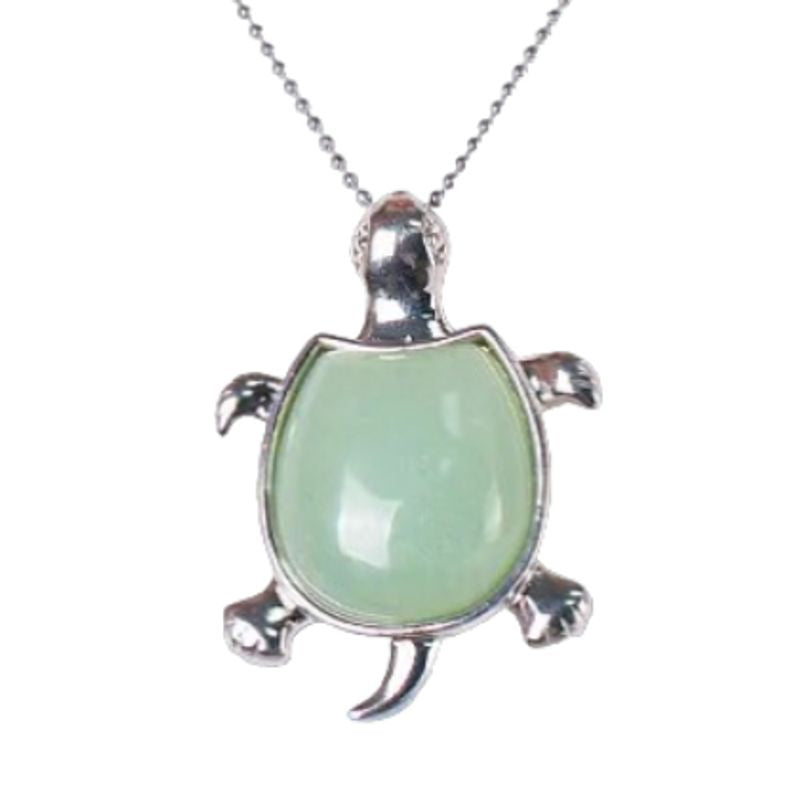 Collier avec pendentif tortue en métal plaqué platine et pierre naturelle aventurine - coloris vert