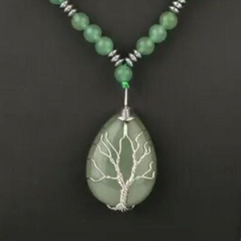 Collier pour femme arbre de vie à perles avec pendentif en pierre naturelle aventurine verte et fil en métal argenté pour femme 