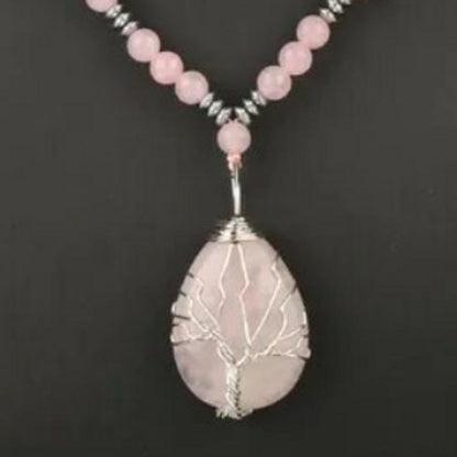 Collier pour femme arbre de vie à perles avec pendentif en pierre naturelle quartz rose et fil en métal argenté pour femme