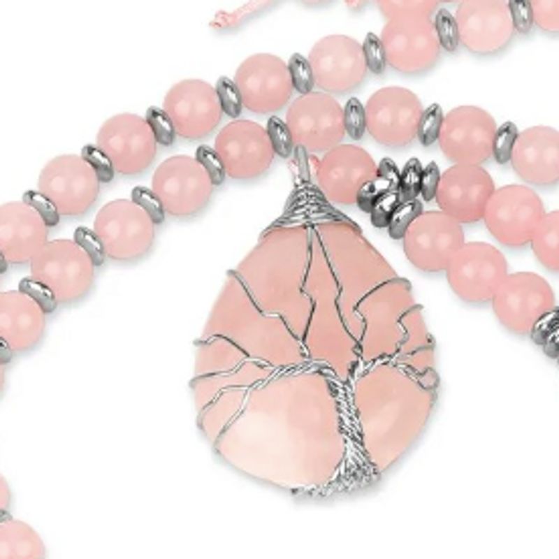 Colliers perles avec pendentif goutte d'eau, fil en métal argenté pour un superbe arbre de vie, pierre naturelle quartz rose - femme