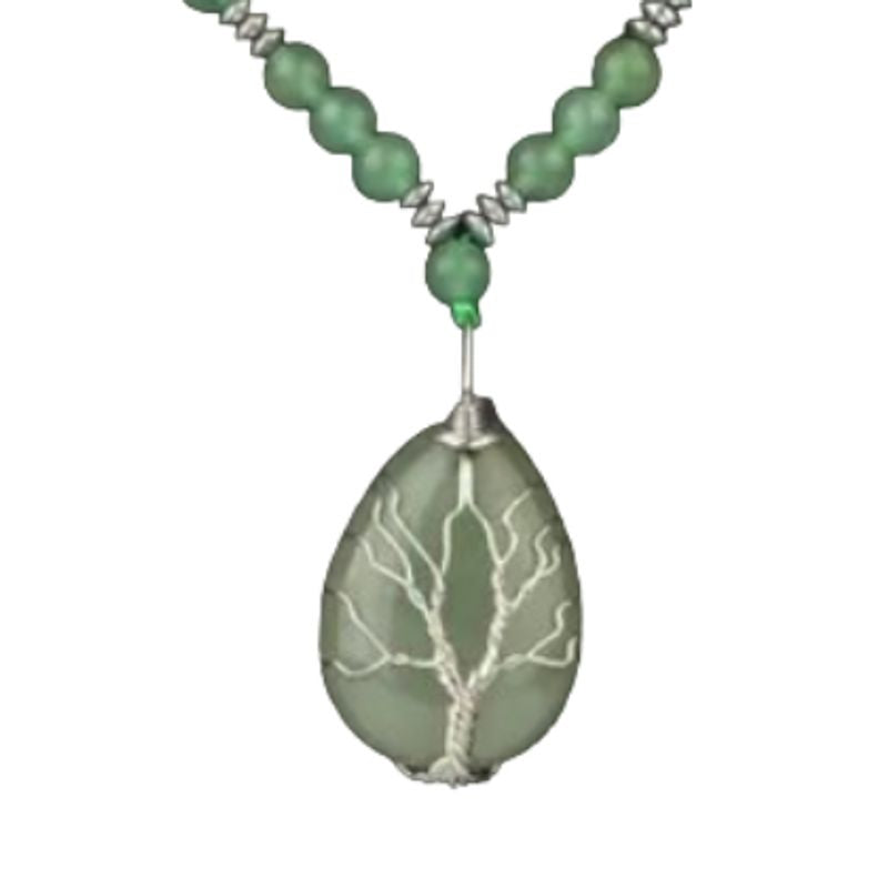Collier arbre de vie à perles avec pendentif en pierre naturelle aventurine et fil en métal plaqué platine pour femme - coloris vert