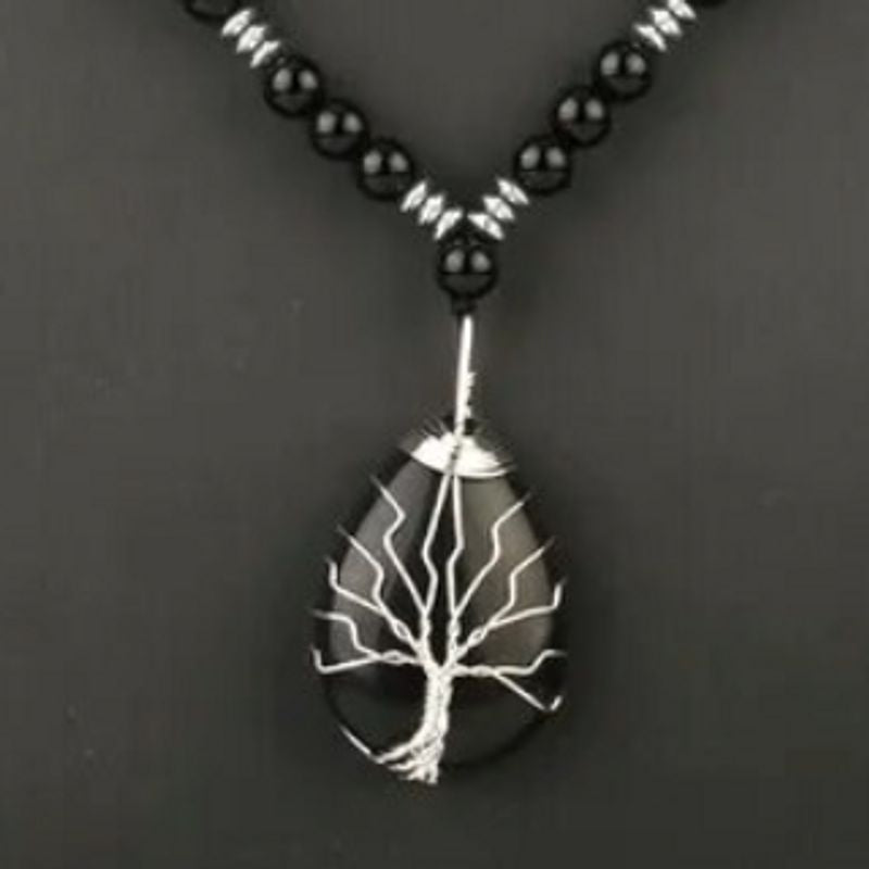 Collier arbre de vie à perles avec pendentif en pierre naturelle obsidienne et fil en métal plaqué platine pour femme - coloris noir