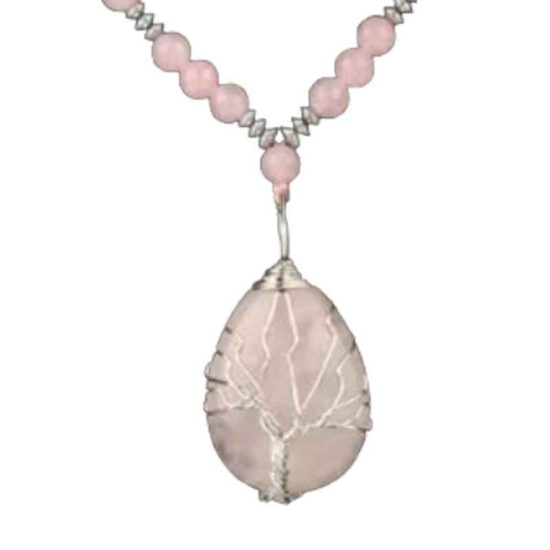 Collier arbre de vie à perles avec pendentif en pierre naturelle quartz et fil en métal plaqué platine pour femme - coloris rose