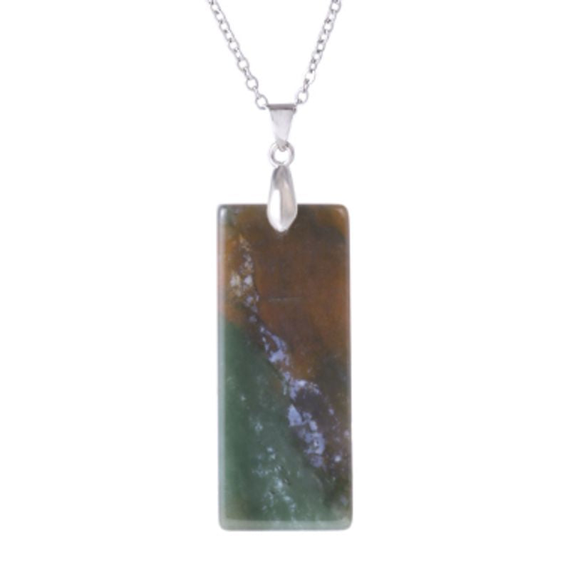 Collier Reiki en acier inoxydable avec pendentif rectangle en pierre naturelle agate indienne - coloris vert et marron