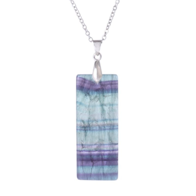 Collier Reiki en acier inoxydable avec pendentif rectangle en pierre naturelle Fluorite - coloris bleu et violet