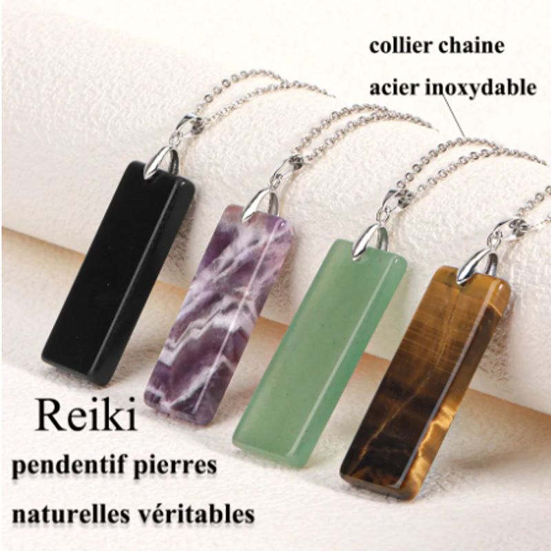 Collier Reiki en acier inoxydable avec pendentif rectangulaire en pierre naturelle - photo de quatre véritables pierres semi-précieuses