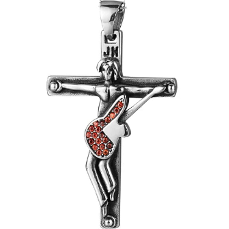 Pendentif avec rockeur et sa guitare crucifié sur une croix en acier inoxydable - guitare rock pavée de zircone rouge - initiale JH gravé sur le haut du crucifix - bijoux audacieux pour biker, rebelle, rockeur et passionné par la musique   