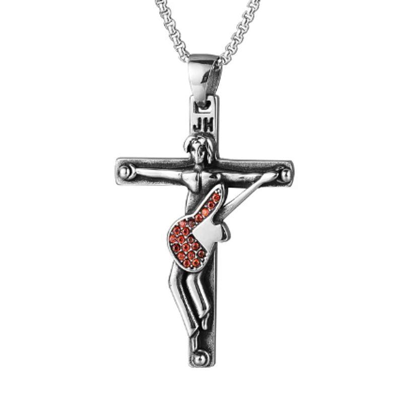 Collier Rock JH avec pendentif à croix crucifix et guitare - acier inoxydable et zircone - coloris rouge et argent
