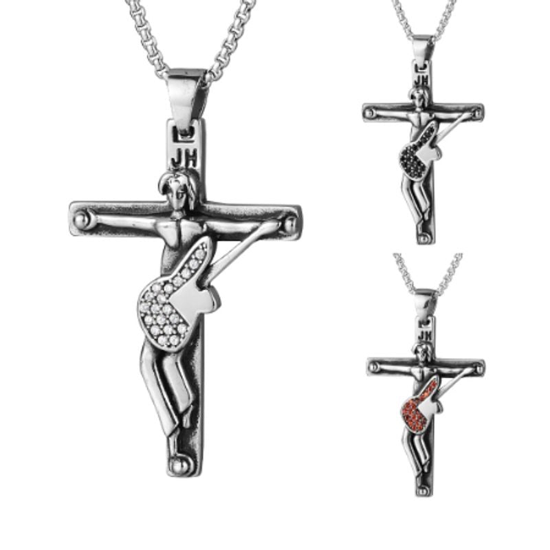 Collier Rock JH avec pendentif à croix crucifix et guitare - acier inoxydable et zircone - trois coloris aux choix - coloris rouge, noir et blanc
