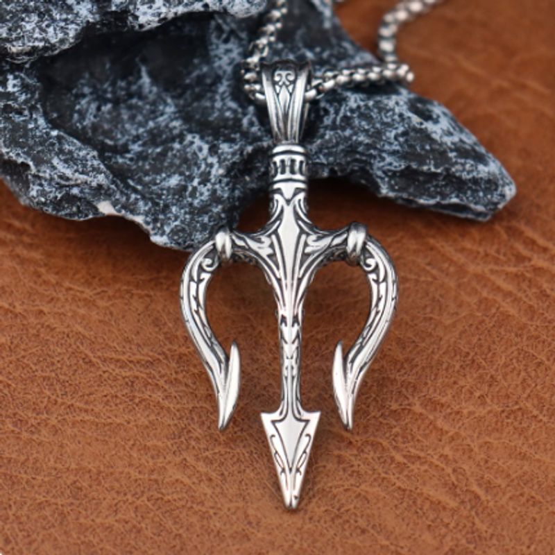 Collier symbole avec pendentif trident de Poseidon en acier inoxydable de couleur argent
