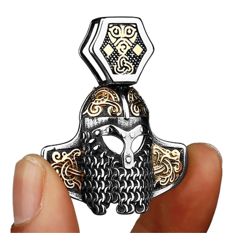 Collier Viking amulette avec casque et masque nordique Gjermundbuen en acier inoxydable - coloris argent et or
