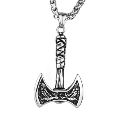 Collier Viking avec chaine et pendentif Labrys - corbeaux messagers de Odin en acier inoxydable - coloris argent