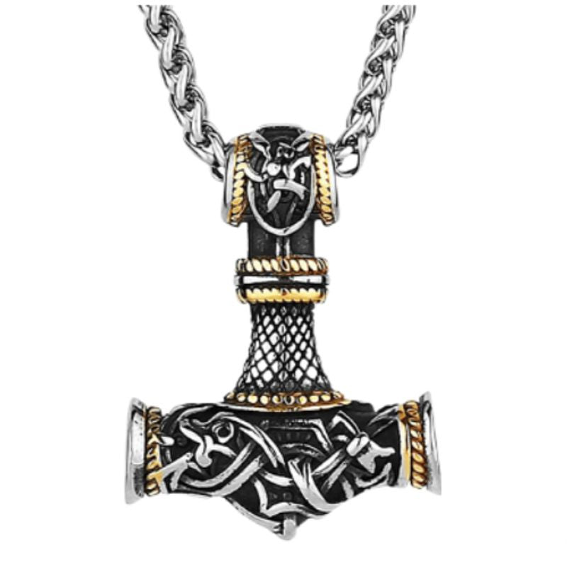 Collier Viking avec chaine Spiga -pendentif nordique marteau de Thor en acier inoxydable - coloris argent et or