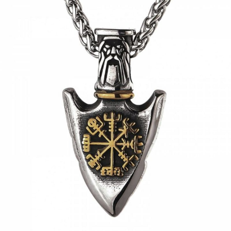 Collier Viking avec pendentif embout de flèche - côté recto avec boussole celtique - chaine en acier inoxydable de soixante centimètres - coloris argent et or