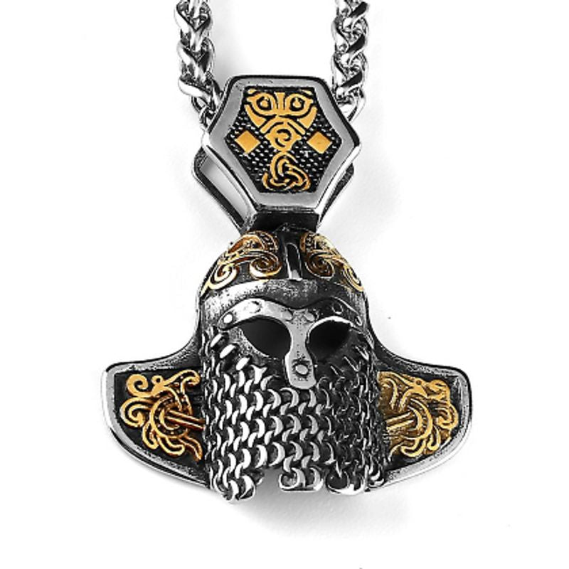 Collier Viking avec pendentif casque Gjermundbuen et chaine en acier inoxydable - coloris argent et or
