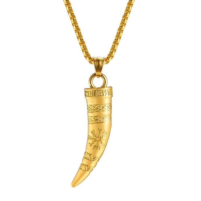Collier Viking avec pendentif corne à boire - chaine vénitienne - acier inoxydable - coloris or