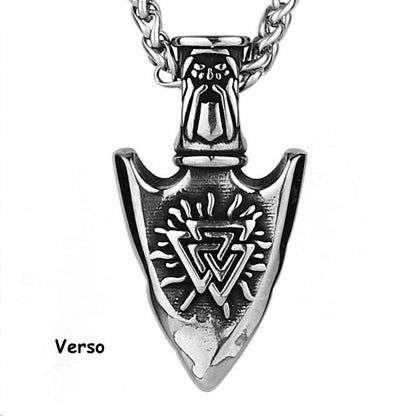 Collier Viking avec pendentif embout de flèche - côté verso avec Valknut celtique - chaine en acier inoxydable de soixante centimètres - coloris argent