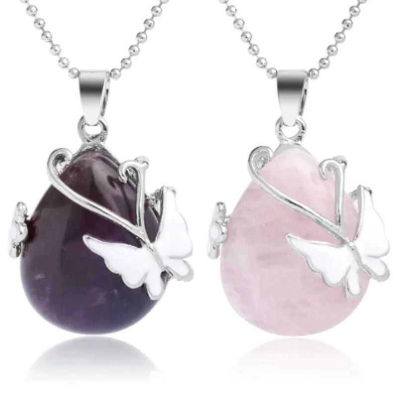 Colliers pendentifs goutte d'eau en pierre naturelle améthyste violet et quartz rose - chaine à bille, papillon et fleur en métal plaqué platine