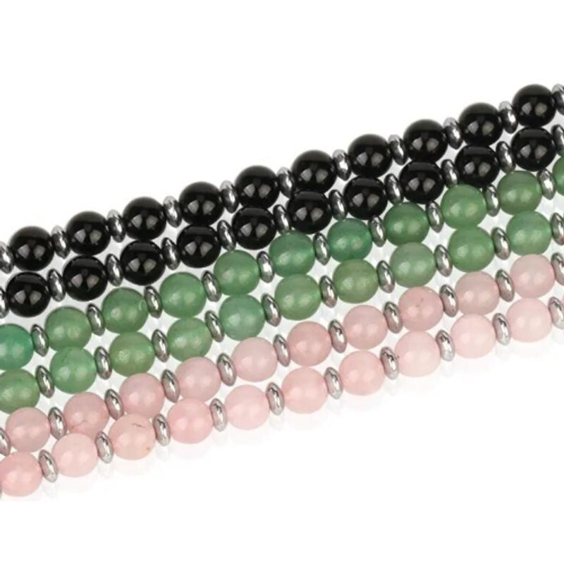Colliers perles en pierres naturelles - obsidienne noire, aventurine verte, quartz rose - entretoises plates en métal argenté