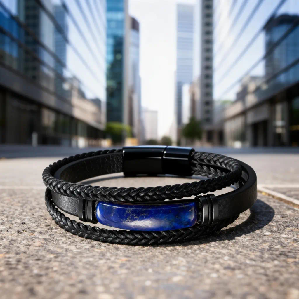 Perspective épurée du modèle Astra dont le cuir noir texturé et le lapis-lazuli bleu outremer épousent la rugosité du sol, face aux structures architecturales de Paris.