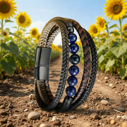 Focus sur le motif principal du Bracelet Skar avec ses perles lapis-lazuli et ses finitions acier, entourés d'un cuir noir souple.