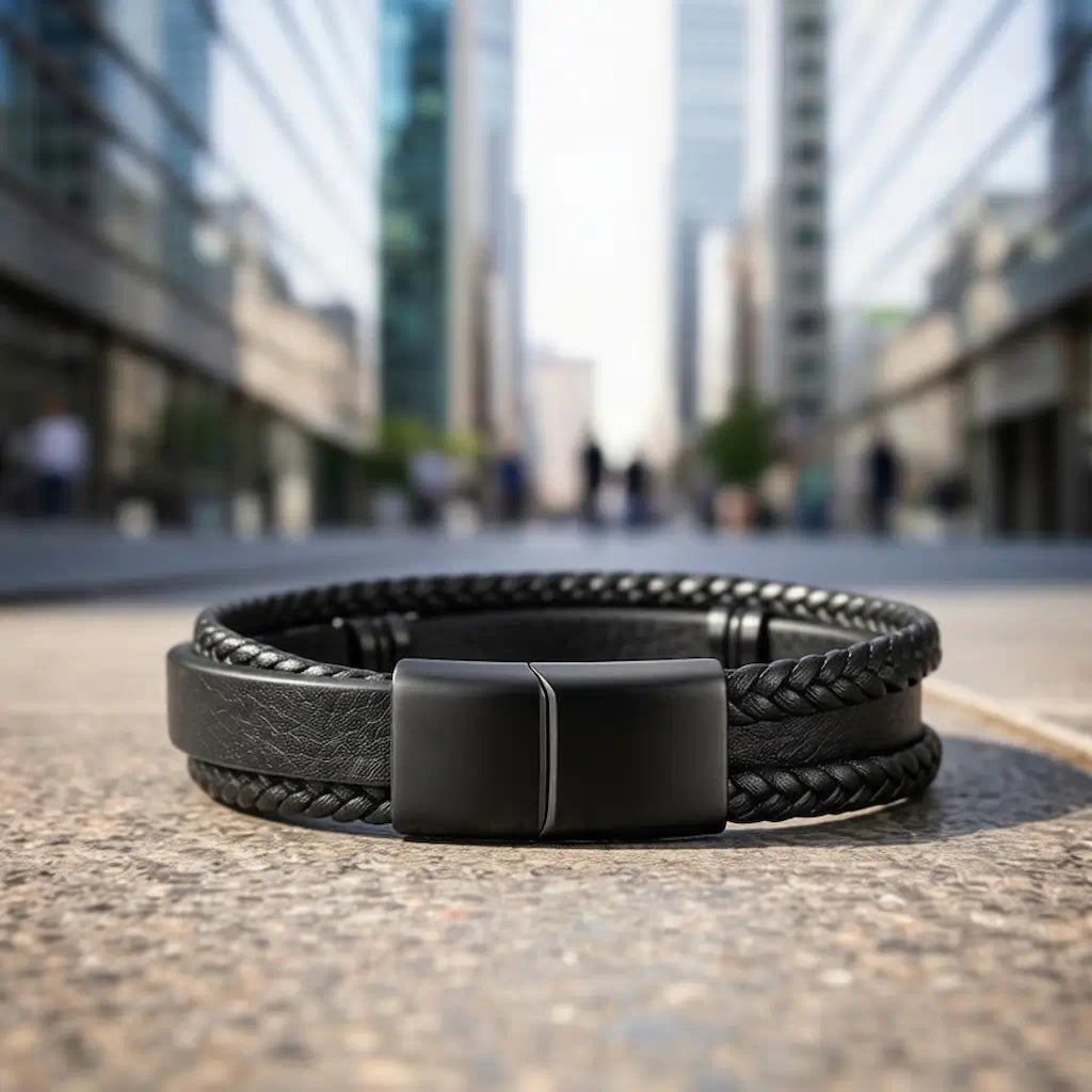 Vue dorsale du Bracelet Astra révélant la texture grainée de sa bande en cuir noir et la précision de son fermoir, soulignant la structure robuste qui maintient le lapis-lazuli sur le bitume de la Défense.
