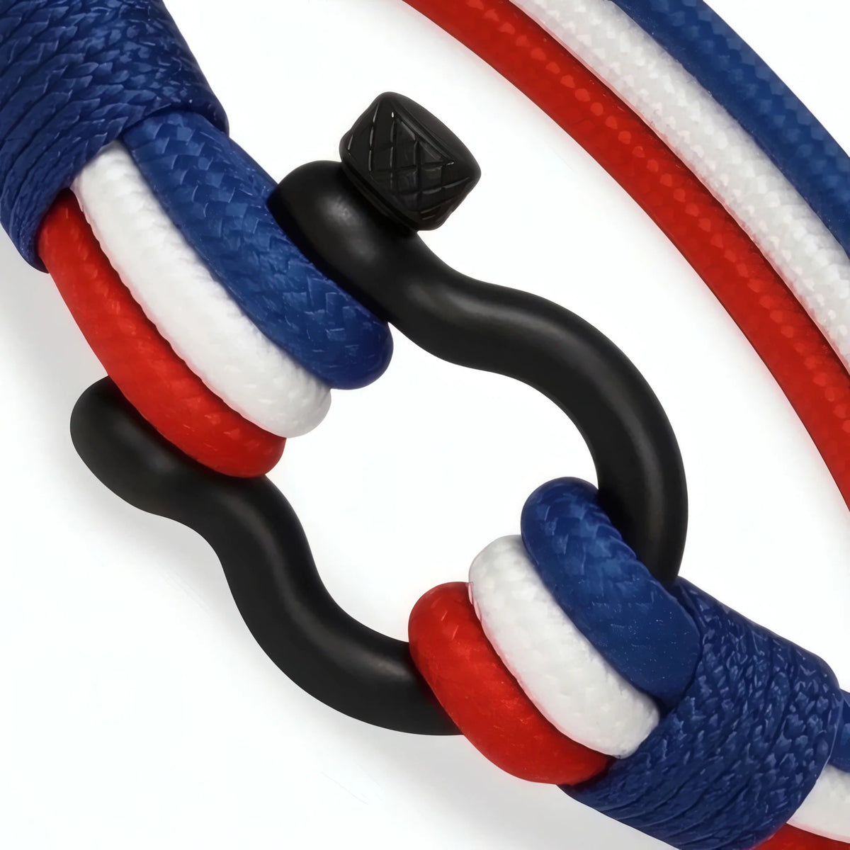 Zoom détail fermoir manille acier noir vis striée cordon nylon multi-rangs tressage serré modèle Navarch.