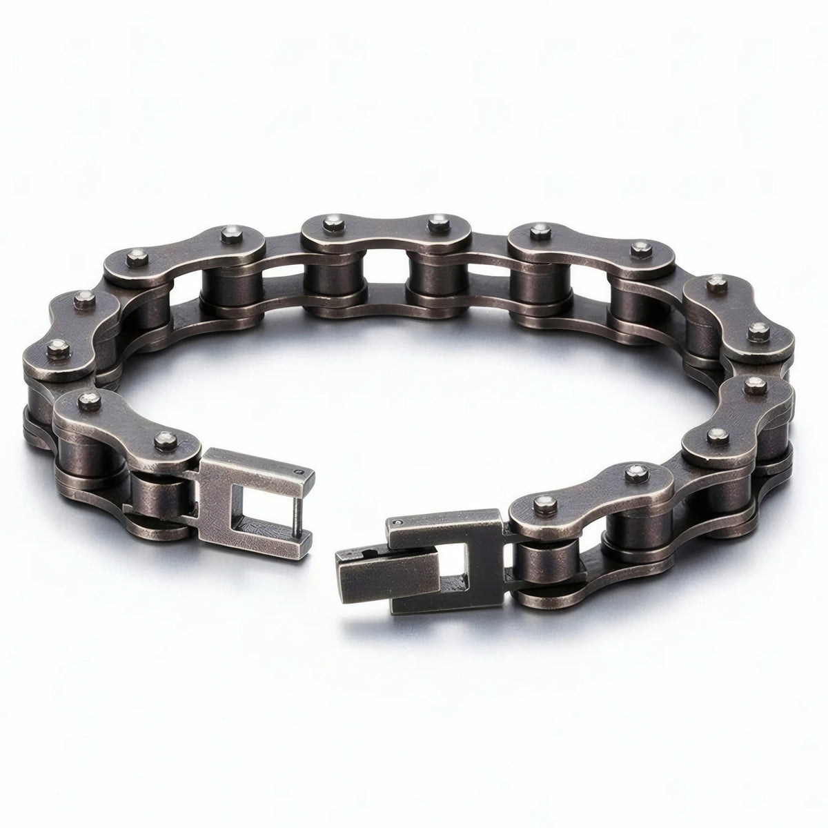 Structure ouverte et fermoir à cliquet du bracelet maillon chaîne moto Kaelis acier rétro.